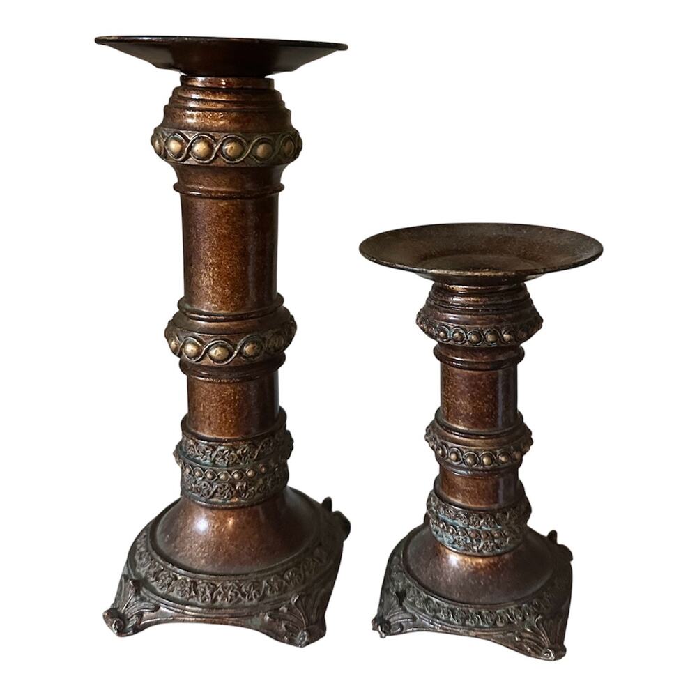 Scrolling baroque metal candlestick pillar candle holders set/2 vintage romantic